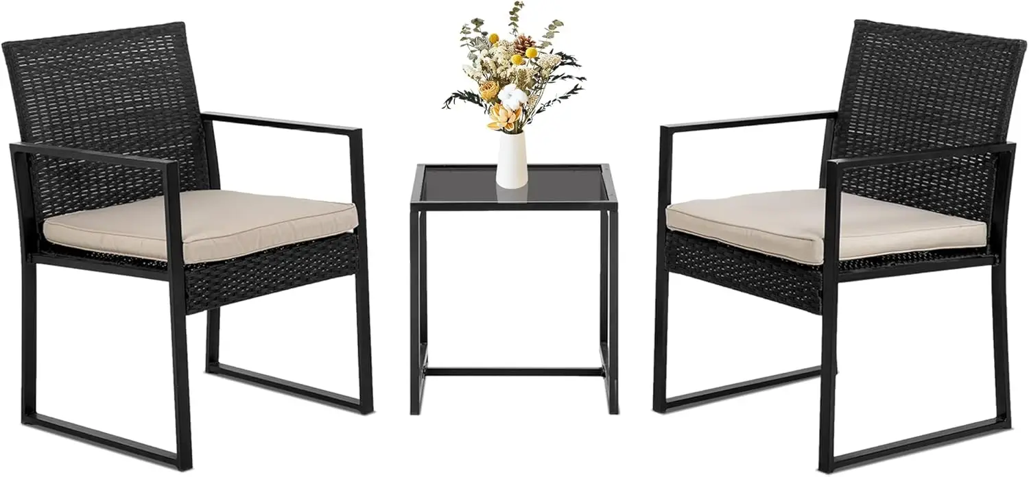 

3 Piece Patio Outdoor Wicker Furniture Chairs Bistro Set Rattan Conversation Set with Coffee Table for Backyard Porch Poolside