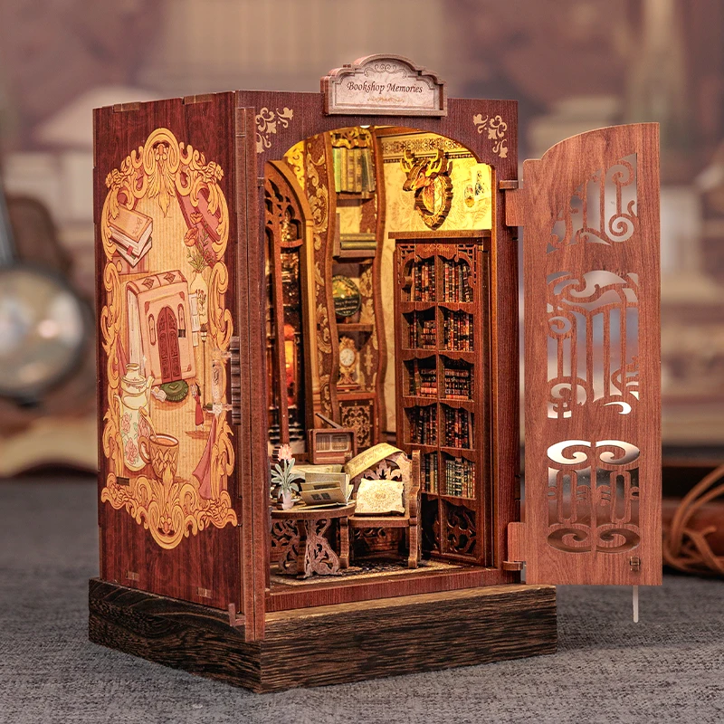CUTEBEE DIY Book Nook Kit Miniaturowy drewniany domek dla lalek z lekką półką na książki Model dekoracji na prezenty Wspomnienia z księgarni