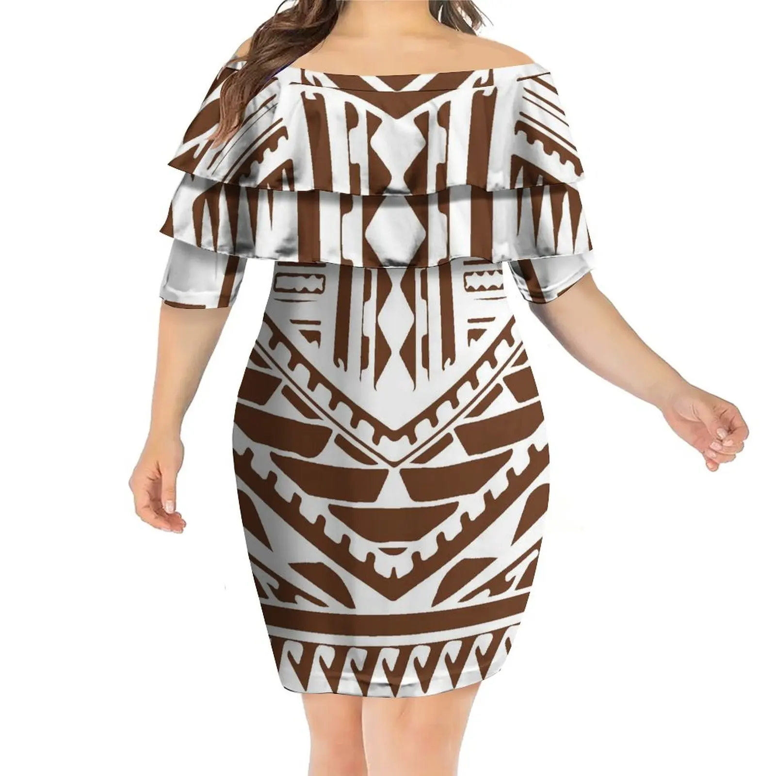 Hot Selling Boat neck Short Sleeve Long Bodycon Tight Dresses Gowns Polynesian Tattoo Printed Maxi Dress Plus Size Womens Dresse