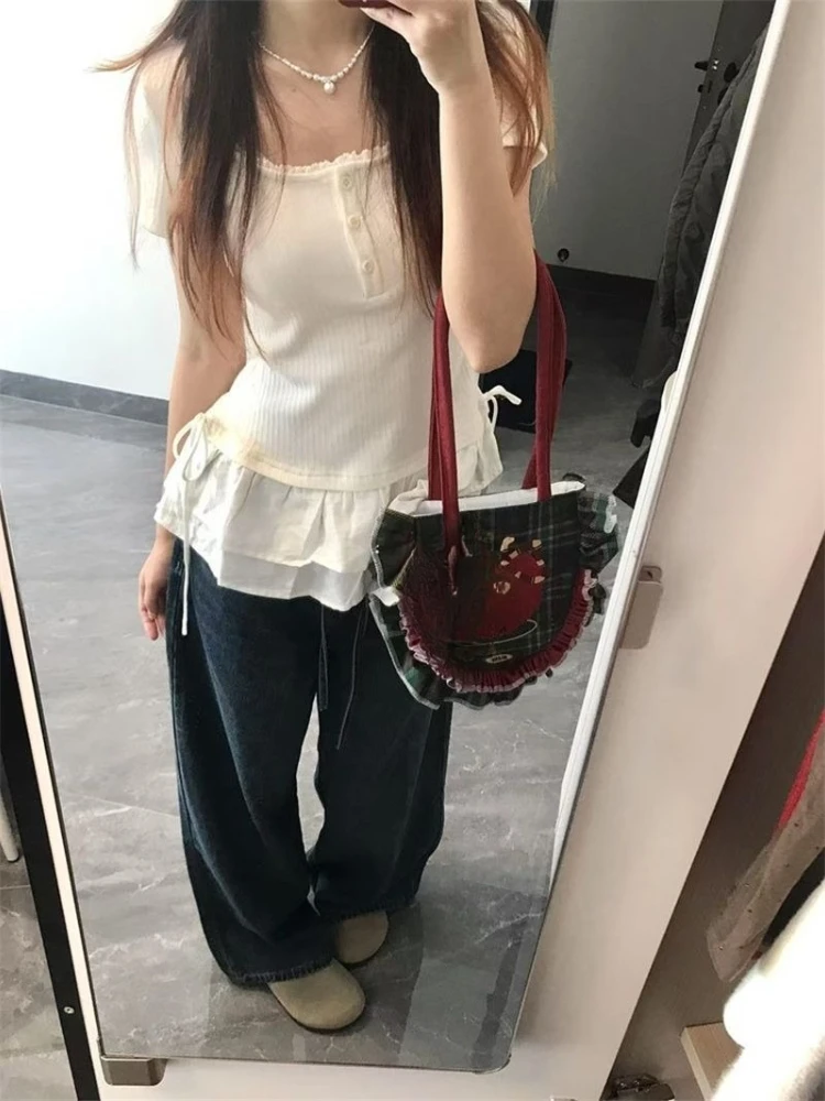 Koreańska Słodka Koronkowa Bluzka z Dekoltem U i Krótkim Rękawem Damska Letnia Elegancka Wyszukana Wyszczuplająca Koszulka Harajuku Podkoszulek Patchworkowe T-shirty