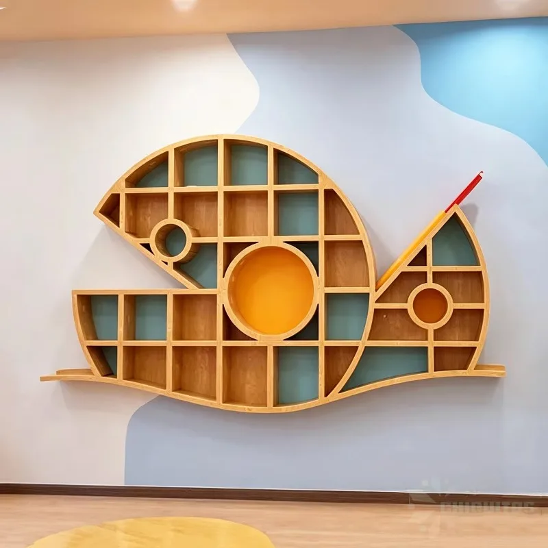 Whale-shaped wall-mounted wooden bookshelf creative wall-mounted book storage cabinet