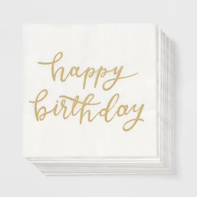 Happy Birthday Beverage Napkins Gold Print 30 Count Disposable Paper Napkins 9.75 Inch for Birthday Party Drinks