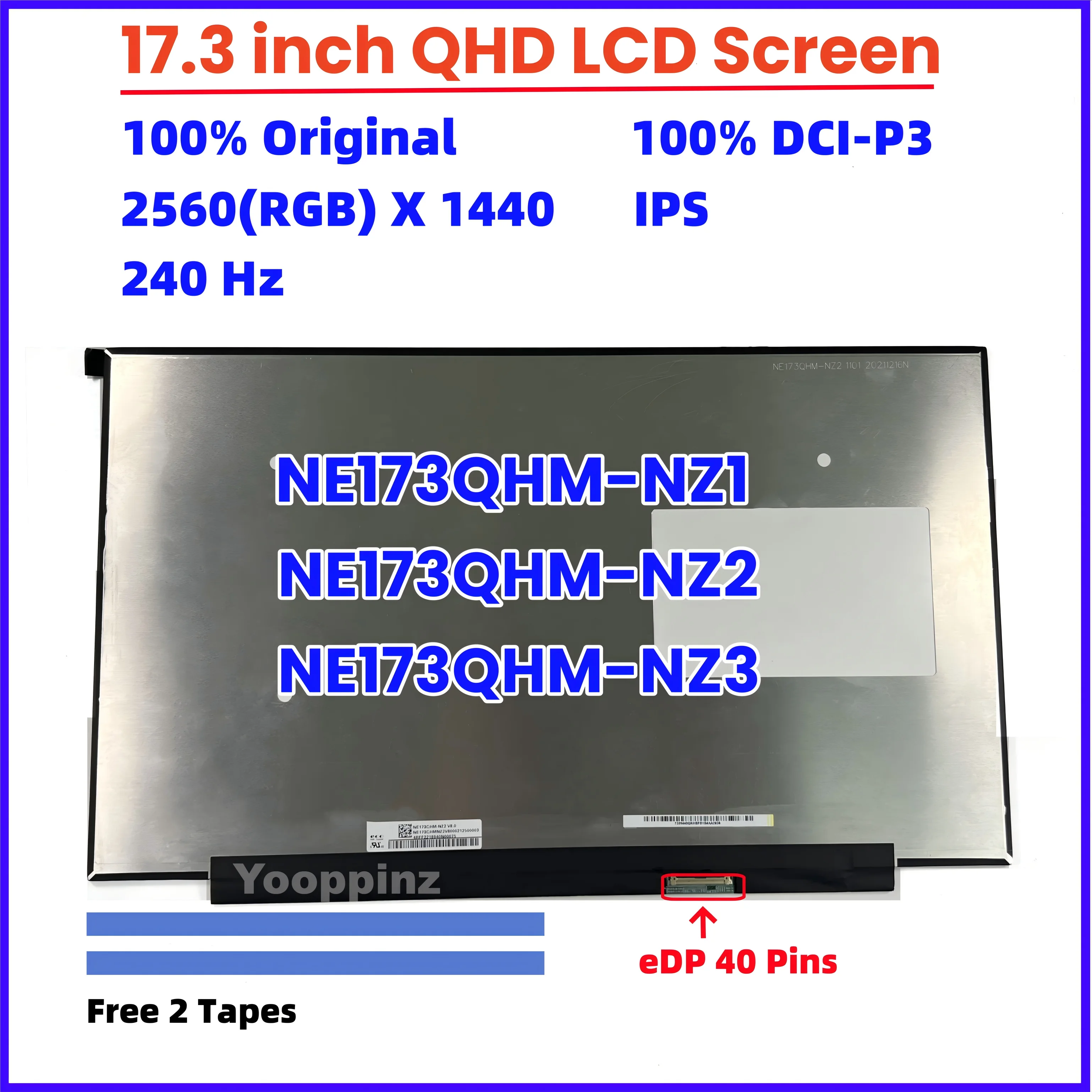 17.3 Inch 240Hz Laptop LCD Screen NE173QHM-NZ1  NE173QHM-NZ2 V8.0 NE173QHM-NZ3 Display Matrix Panel 2560x1440 eDP 40 Pins