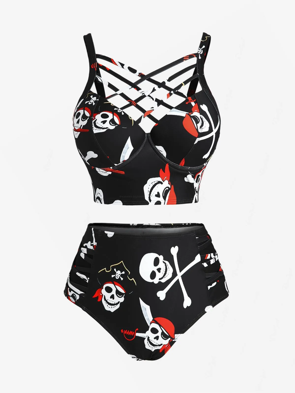 

ROSEGAL Plus Size Halloween Costume Skulls Skeleton Pirate Printed Lattice Crisscross Tankini Swimsuit