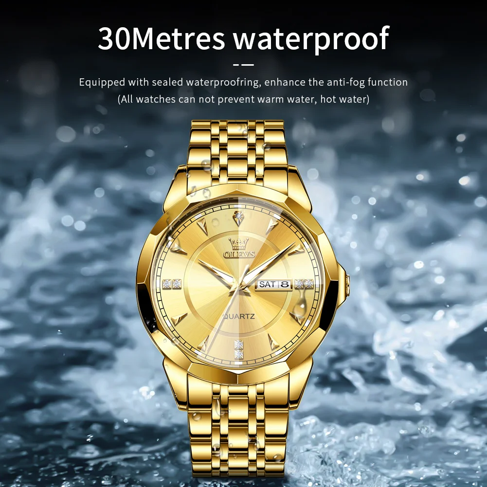 ساعة كوارتز OLEVS 9977 للجنسين مع مرآة معين مقاومة للماء وسوار فولاذي مضيء ووظيفة التاريخ النهاري للرجال والنساء