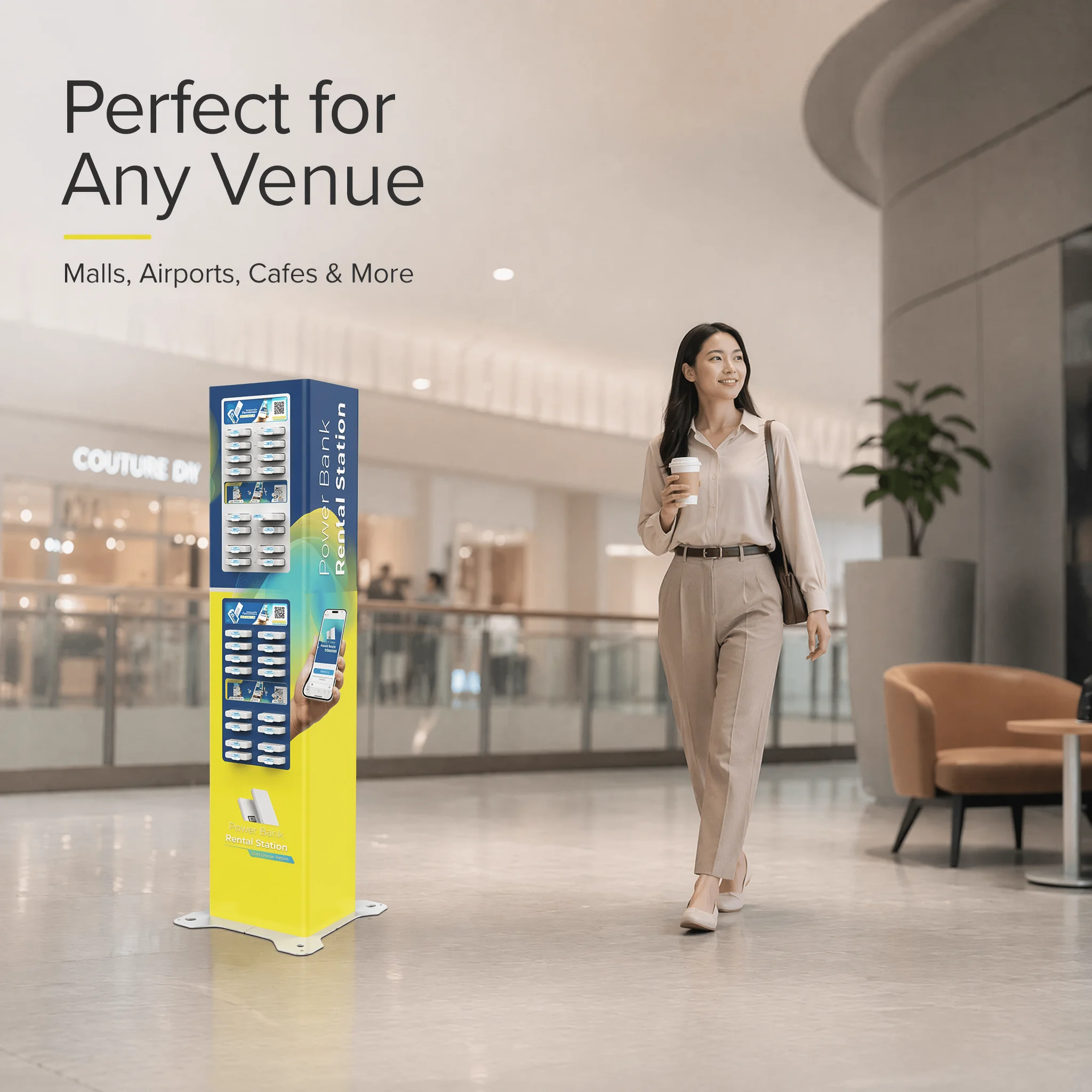EXO 32 Slots Power Bank Rental Station with QR Code Payment | Y2Power Fast Charging Powerbank Sharing Kiosk for Cafes & Bars