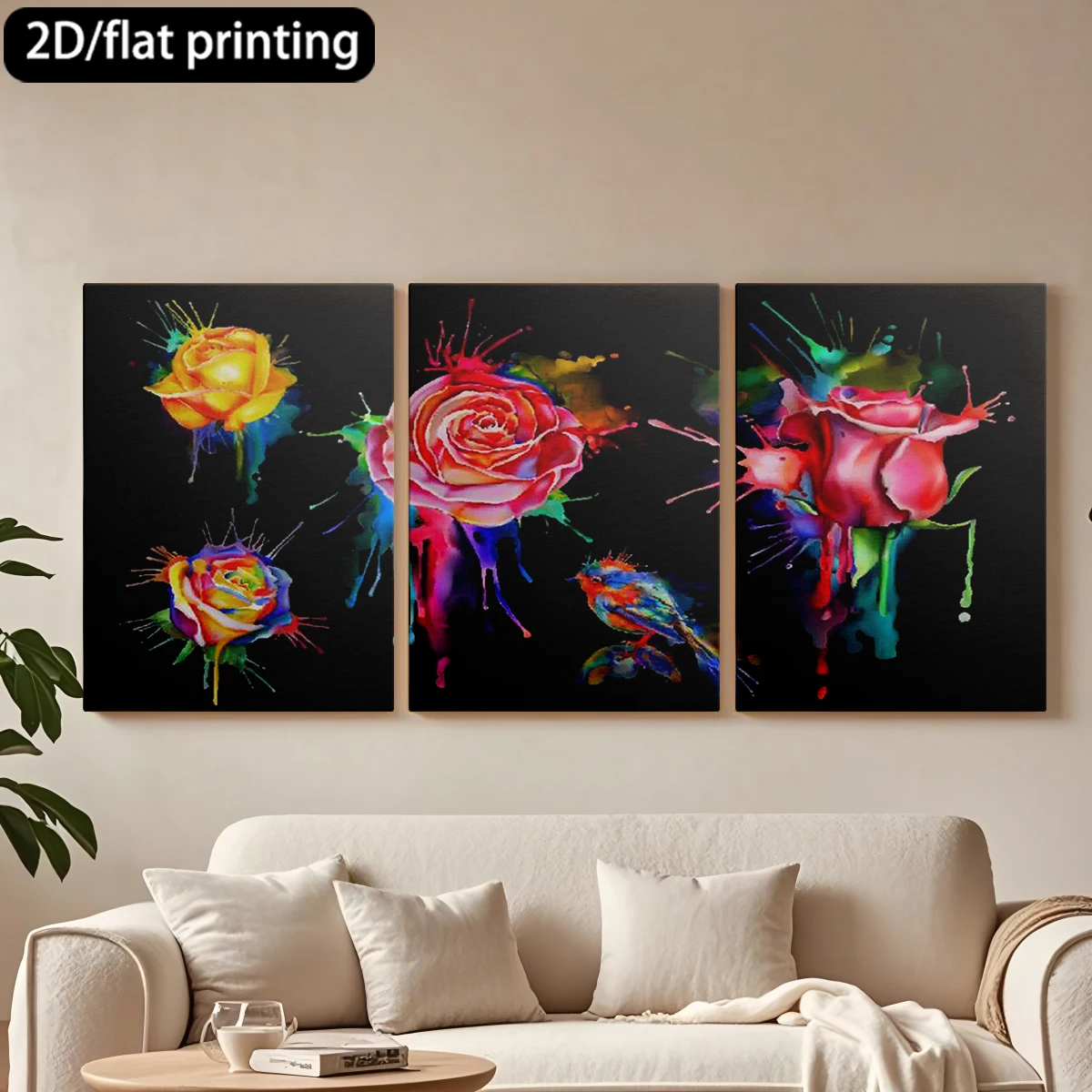 

3pc wooden frame canvas decorative paintingColor-splashed roses, chirpy bird art.Corridor bedroom decoration