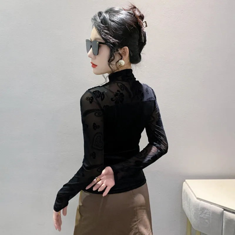 2023 New Autumn European Long Sleeve Women T-Shirt Chic Sexy Turtleneck Flocking Mesh Patchwork Velvet Beading Slim Tees Tops