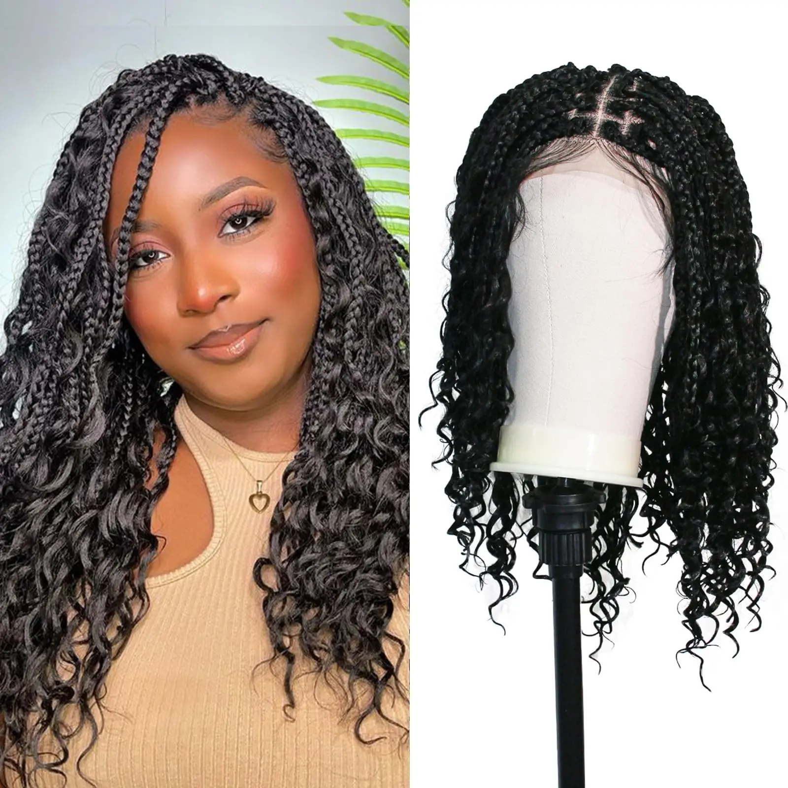 Boho Knotless Goddess Braid Wigs 16 Inch Full Lace Frontal Curly Wig for Black Women Synthetic Handmade Braided Hair Daily Use