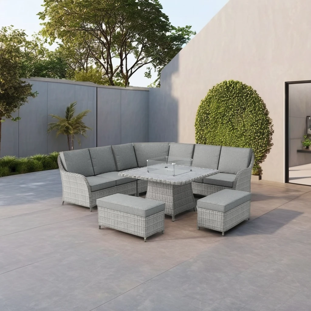 

Modern Design Outdoor Garden Rattan Corner Sofa Set Rattan Dinner Table with Gas Fire Pit