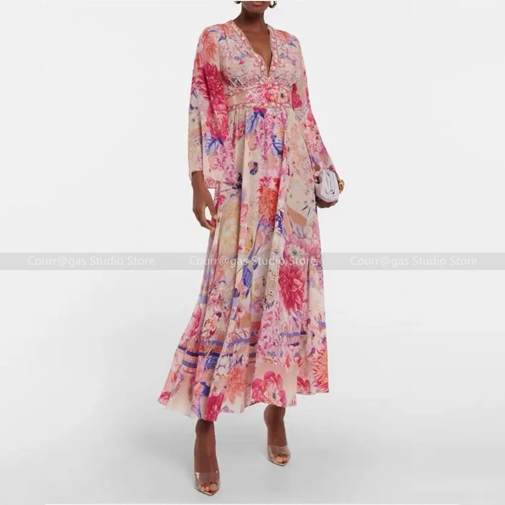 

Australian niche noblewoman silk V-neck diamond-encrusted printed rose holiday style maxi dress dress