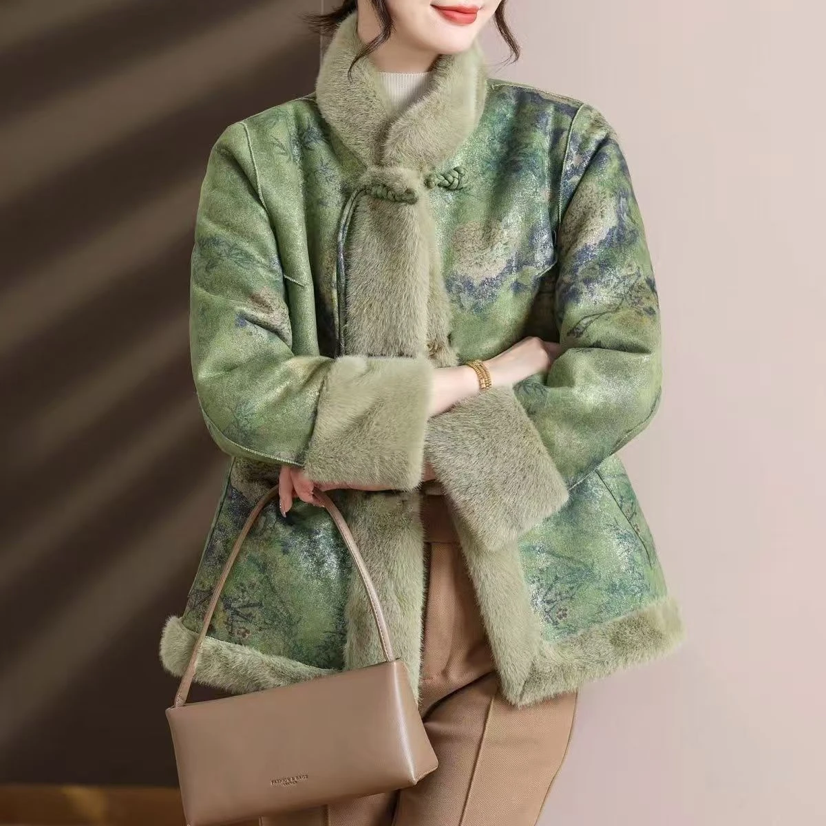 Asian style Women Long Sleeves reversible Faux Fur Jacket Winter Lady Double Sided Fur Coat Middle Aged Mother  Plush Outwear