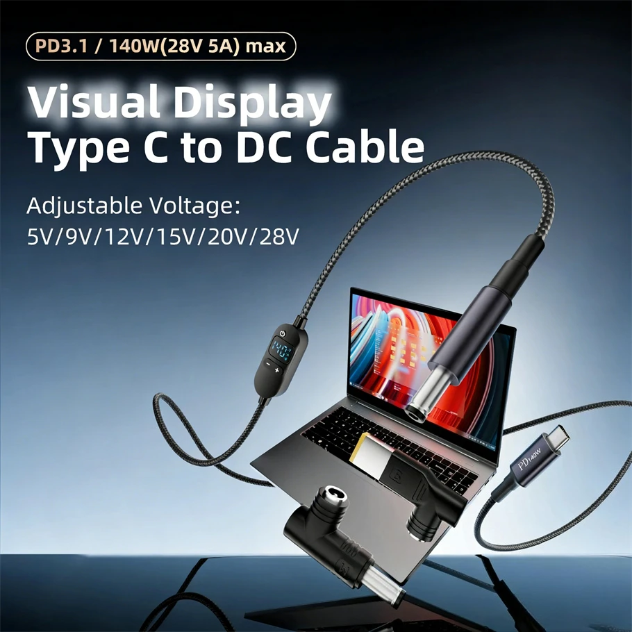 USB-C zu DC Stromverstärker-Kabel 140W Typ-C zu 5V 9V 12V 15V 20V 28V Einstellbarer Spannungsadapter Anschlusskabel für Laptop Router – Detail 2
