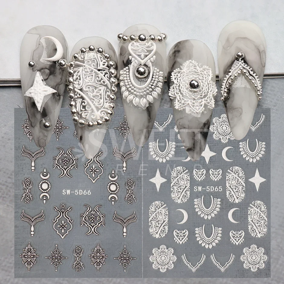 5D Embossed Filigree Stickers Nail Design Brown White Lace Necklace Adhesive Nail Decals Star Moon Carved Decor Sliders SASW-5D