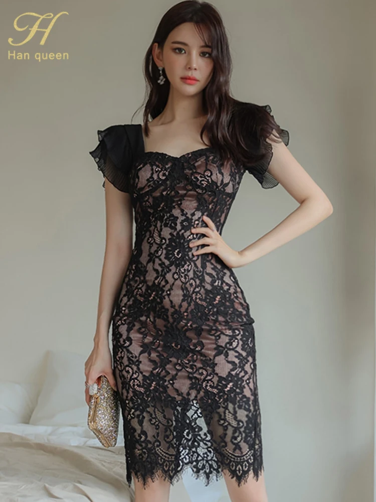 H Han Queen Hot Sales Women Vestidos Elegant  OL Work Dress Simple Slim Bodycon Lace Dresses Korean Occupation Pencil Dresses