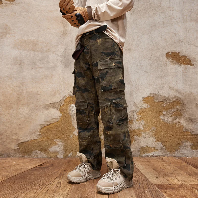 

men clothing American high street trend camouflage multi-pocket Slim retro work pants hip-hop straight thin jeans male man jeans