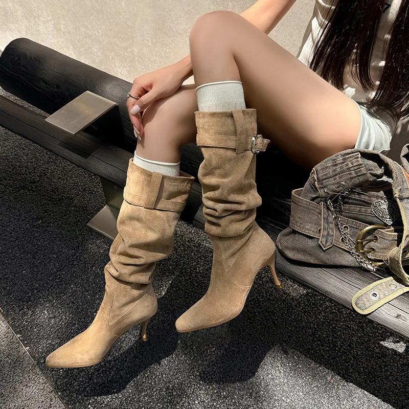 

Arden Furtado Autumn Suede Pleated Knee high boots Pointed toe slip-on Stilettos heels Modern boots Belt buckle Skinny boots
