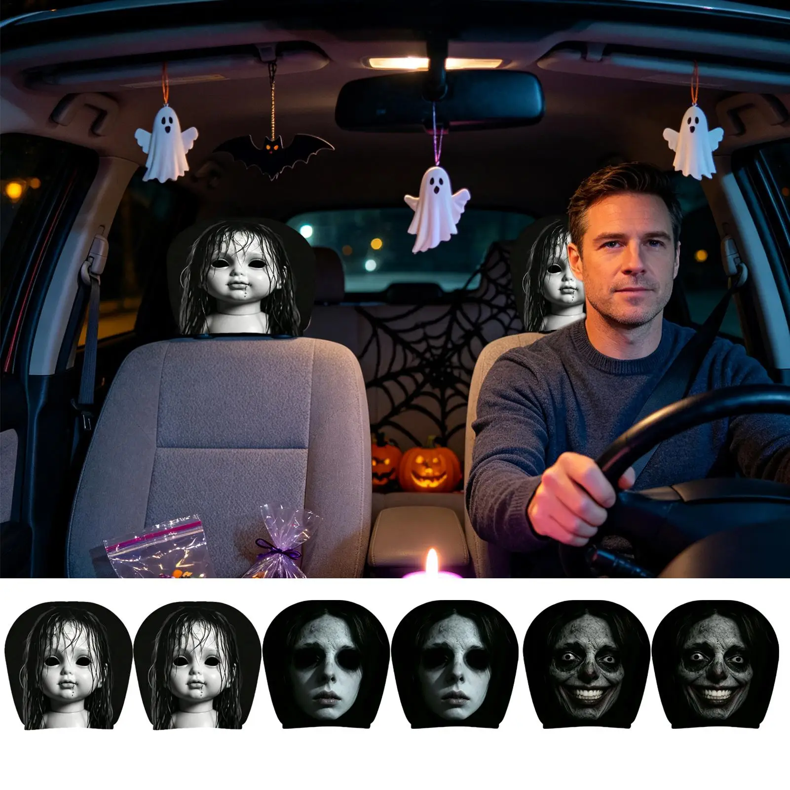 Ghost Headrest Covers for Car 2 Pieces Universal Halloween Spooky Elastic Funny Car Headrest Covers for Sedan RV Truck Long
