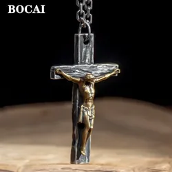 BOCAI Original Handmade Real S925 Silver Jewelry Personalized Retro Thai Trendy Jesus Cross Pendant for Man