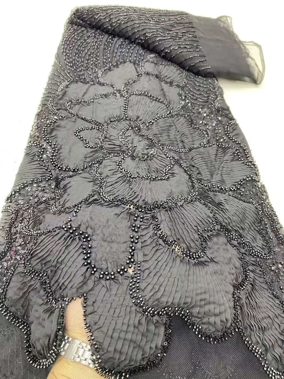 

Luxury Beads Lace African 2026 High Quality 5 Yards Handmade Beads Sequins Fabric Nigeria for Evening Party Dres HD6360