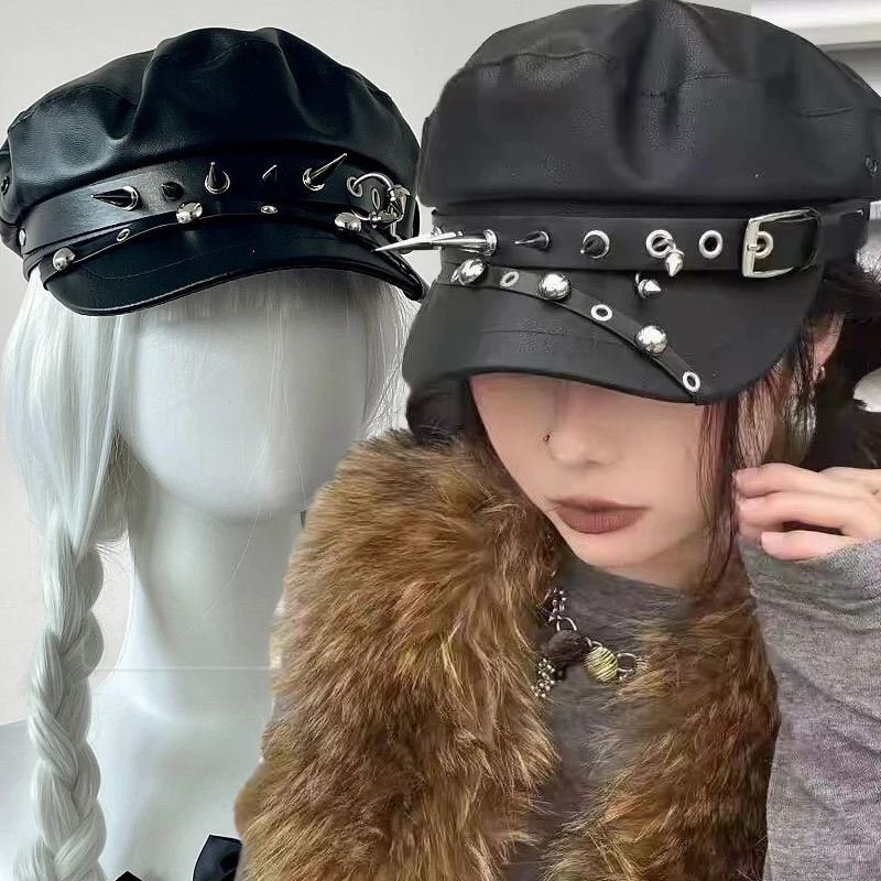 Harajuku Y2K Beret Gothic Subculture Fashion Spike Rivet Cool Girls Punk Cap Vintage PU Leather Flat Newsboy Hip Pop Beret Hat