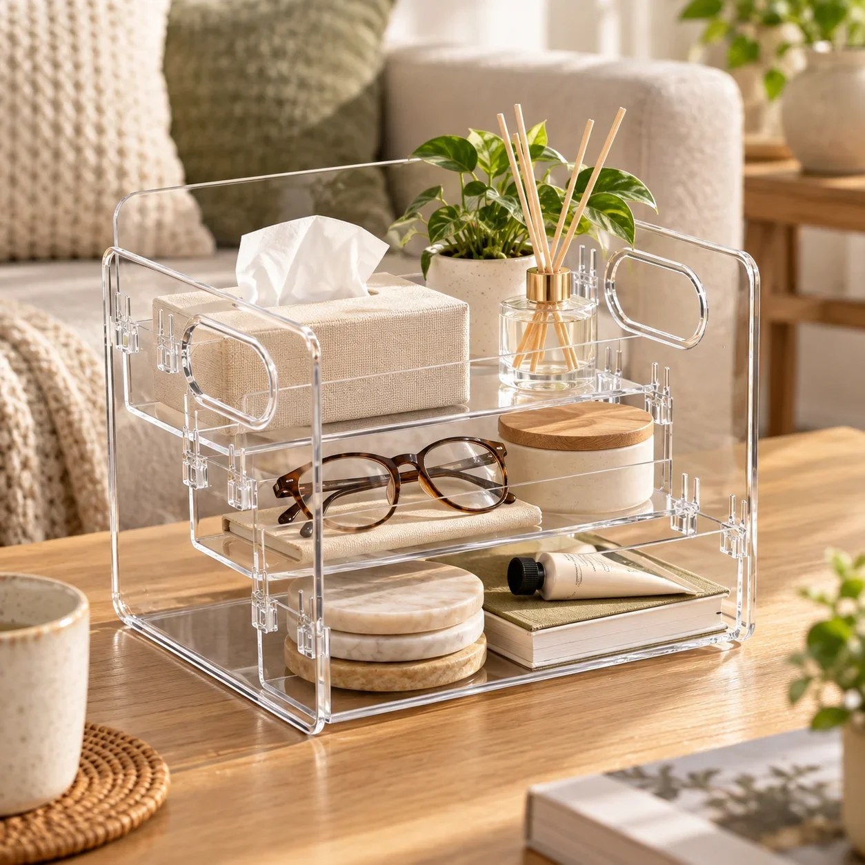 3 Tier Clear Countertop Organizer for Makeup,Perfume and Skincare,Transparent Plastic Stepped Storage Shelf with Handles,Adjustable Snap Together Rack,See Through Vitamin Medicine Supplement Holder for Bathroom