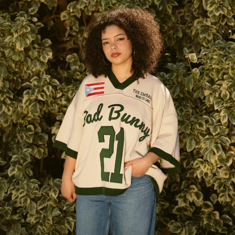 

Bad Bunny 21 Puerto Rico THE EMBASSY Knit Jersey Oversized Crop Sweater Boricua Pride Flag Patch Embroidered Streetwear