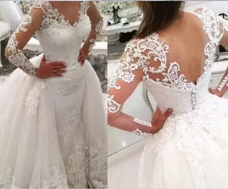 Vestido De novia personalizado, Vestido De novia De encaje De manga larga De tul, Vestido De novia De alta calidad