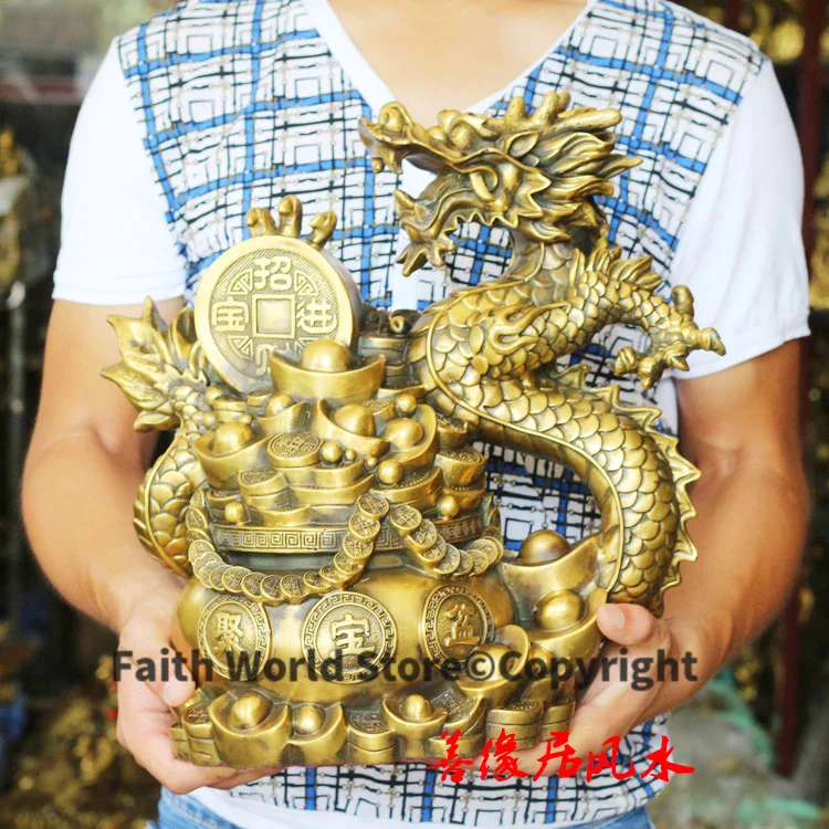 Large company shop home efficacious Mascot Talisman Protection bring wealth fortune Dragon GOLD CHINESE FENG SHUI Brass statue