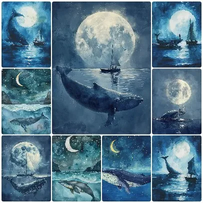 quebra-cabeca-de-baleia-e-barco-a-vela-em-aquarela-Indigo-decoracao-de-parede-vintage-com-cetaceo-gigante-em-oceano-noturno-azul-profundo