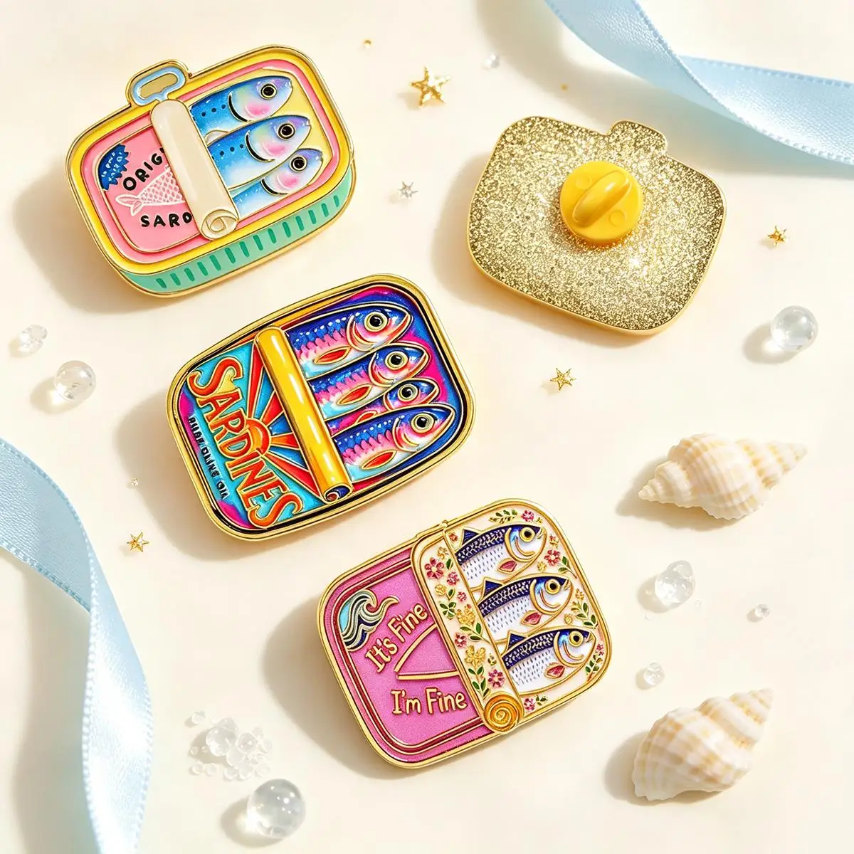 5Pcs Sardine Tin Metal Enamel Pins Set Vintage Fish Can Brooches Badge on Backpack Clothing Accessories Jewelry Gift for Friends