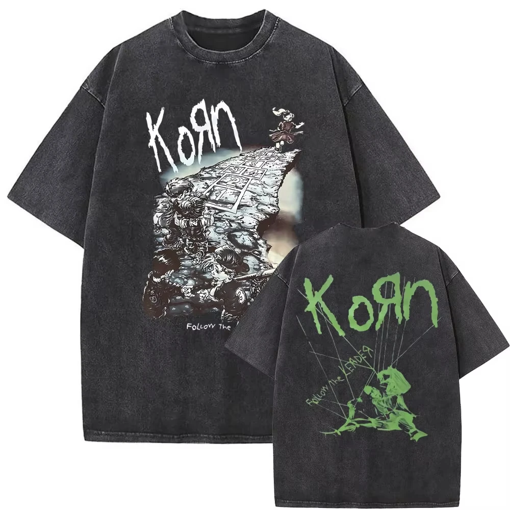 

2025 Washed Vintage Rock Band Korn Ftl 25 Follow The Leader T Shirt Men Gothic Casual Tees Male T-shirt Mens Vintage Tshirt