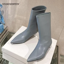 Solid Color Concise Pointed Toe Kitted Heel Mid Calf Boots Women Genuine Leather Slip on Short Boots Female Fashion Modern Boots