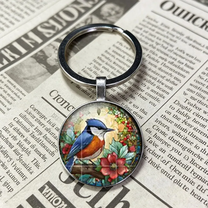 Bright Tropical Exotic Key Bird Soft Watercolor Forest Bird Spring Blossom Round Glass Key Holder Garden Wildlife Key Ring