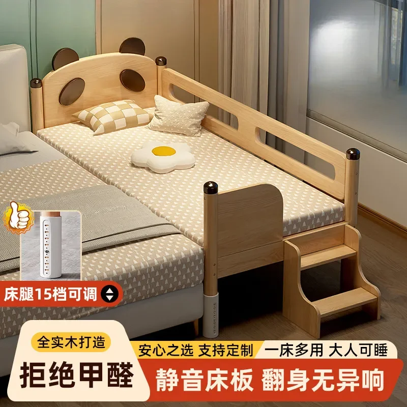 Solid Wood Children Bed Extendable Baby Crib Splicing Side Bed for Boys and Girls Adjustable Height Widening Infant Bedside