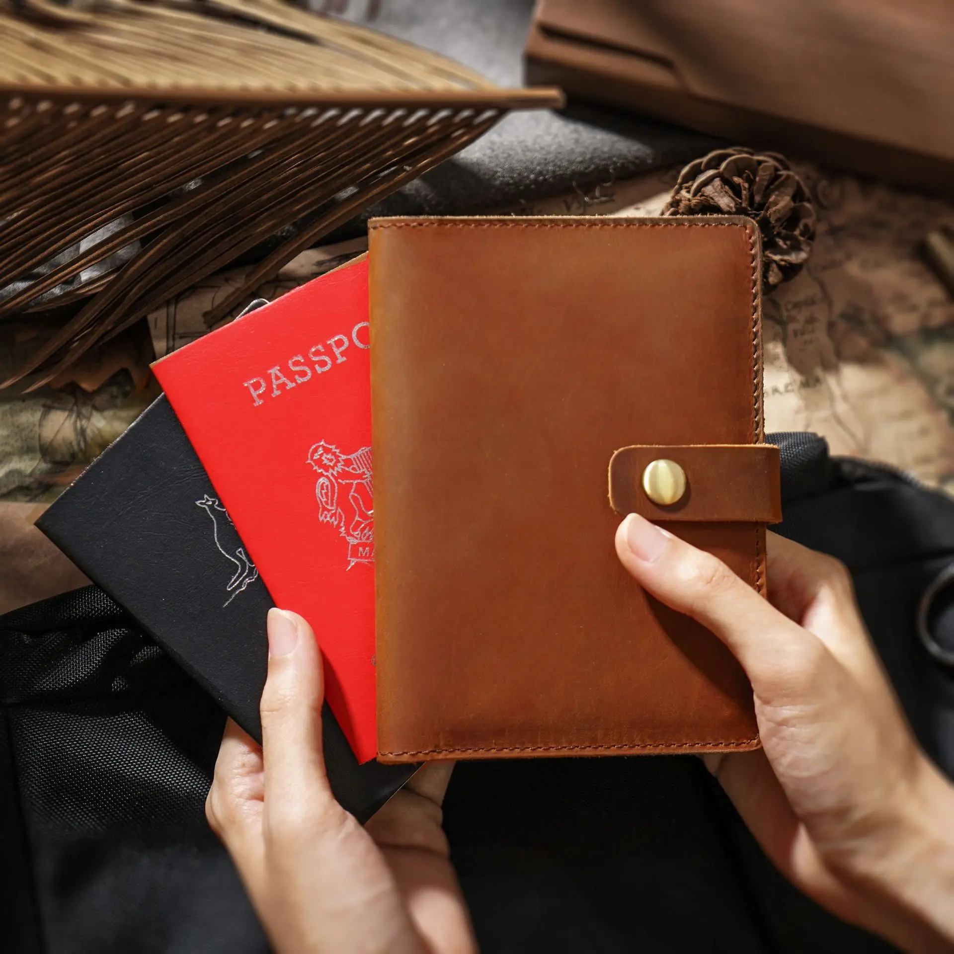 Genuine Cow Leather Passport Cover Multifunctional Travel Accessories Card Holder Checkbook Bill Document Organizer Id Card Case