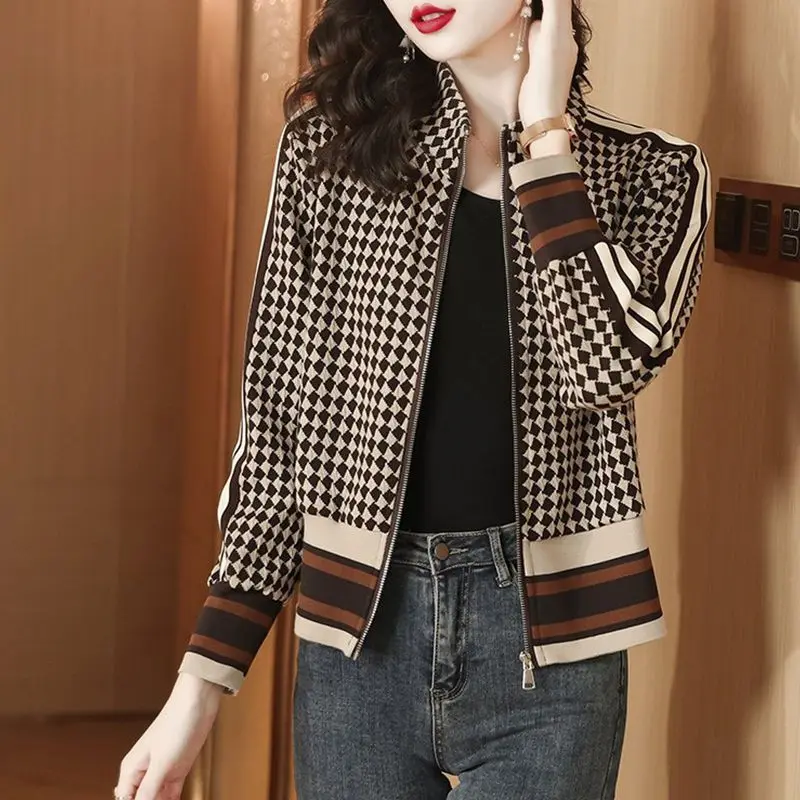 Autumn Winter Loose Casual Vintage Plaid Printing Jacket Ladies Zipper Coat Female Fashion All-match Cardigan Outwear Top Women