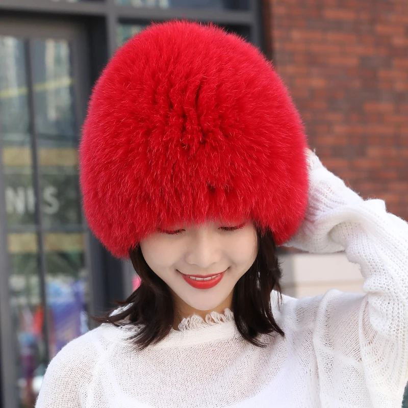 Real Fox Fur Hat Women Winter Luxury Knitted Fur Caps Russians Thicken Bomber Hats Natural Fox Fur Hats With Ear Protection