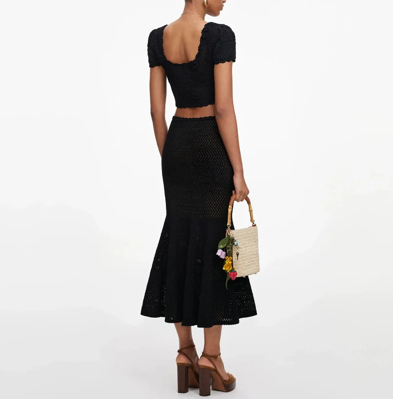 Summer Bubble Sleeve Knitted T-shirt Top Fish Tail Half length Skirt Set