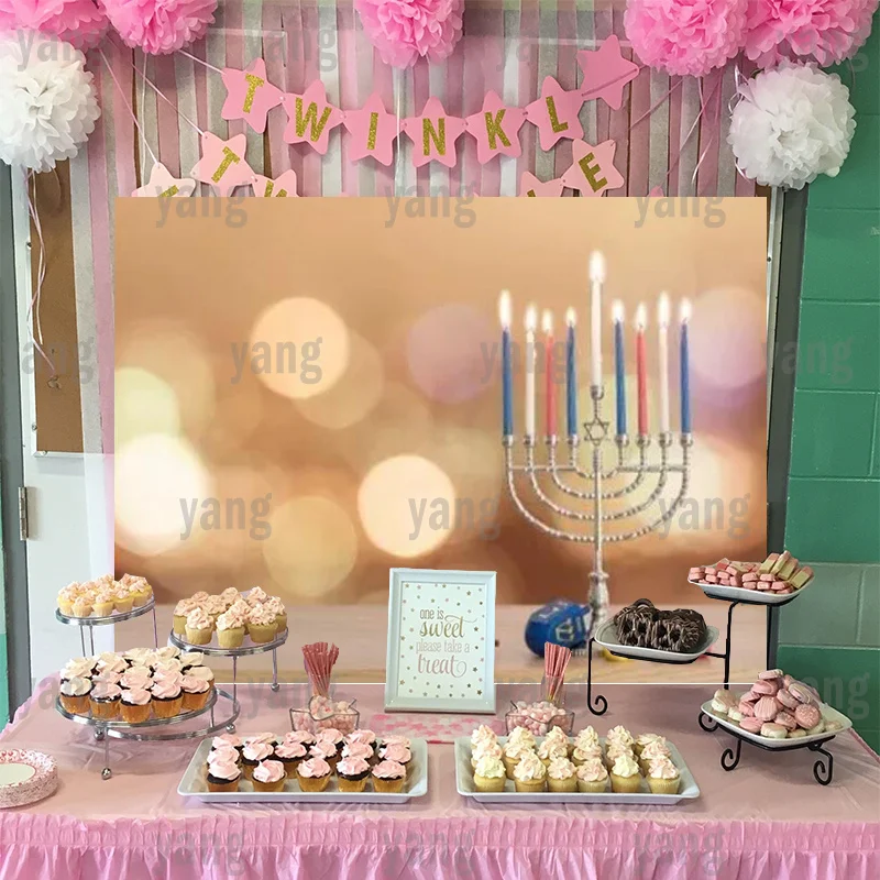 Custom Warm Food Party Happy Hanukkah Backdrop Decoration Hogata Festival Jewish Holidays Candles Polyester Glitter Photo Wall