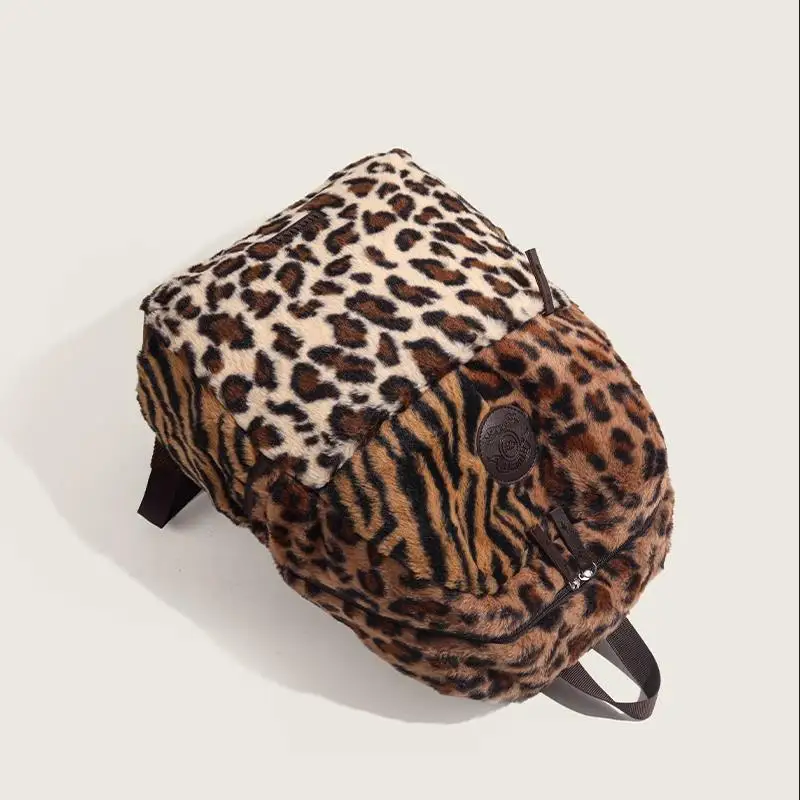 Leopard Print Spliced Backpack for Women's Autumn and Winter New Style Plush Large Capacity Bckpacks Student School Shoulder Bag