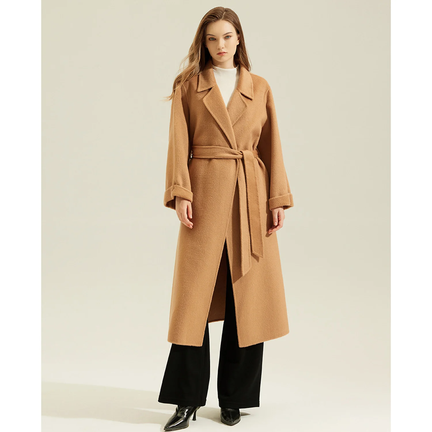 Allingentle Camel Women's Blazer Woolen long Fashion Jacket with Belt for Cocktail Party Daily Casual Outfits Customize