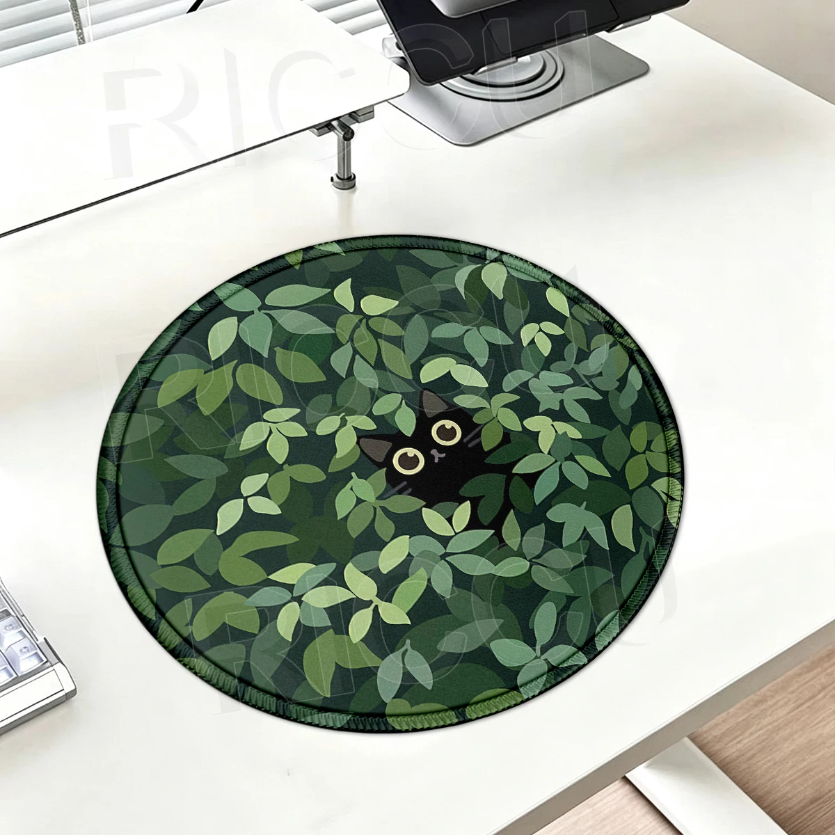 Ronde muismat Leuke zwarte kat bureaumat Groene plant rubberen muismat Esthetisch bureauaccessoire voor kantoorlaptop Computertafelmat