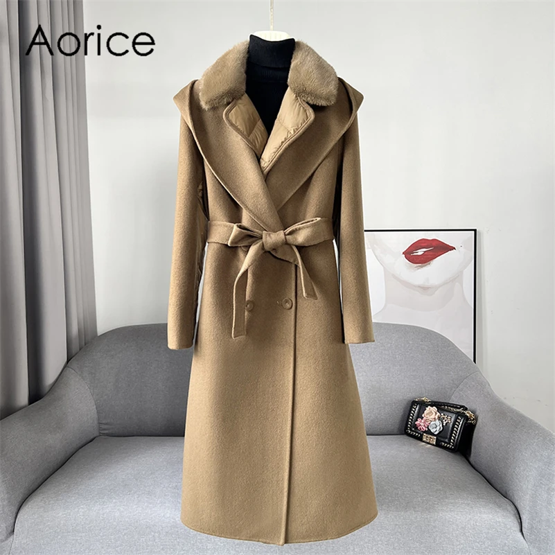 

Aorice Women Luxury Winter Wool Jacket Down Coat Femal Mink Fur Collar Coats Lady Long Over Size Parka Trench CT2156