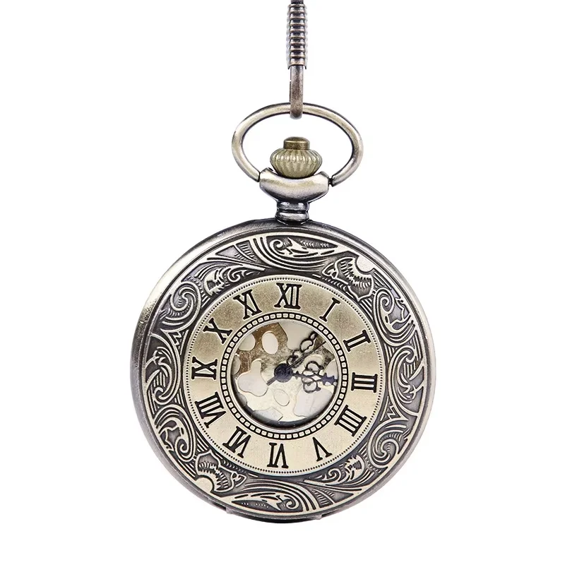Retro Golden Surface  Clamshell Large Classical Roman Numerals Fashion Pocket Watch with Waist Chain