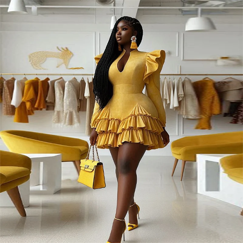 

Yellow Ruffles Short Prom Dresses Deep V Neck Aso Ebi African Long Sleeves Tiered Evening Gowns Plus Size Cocktail Party Dress