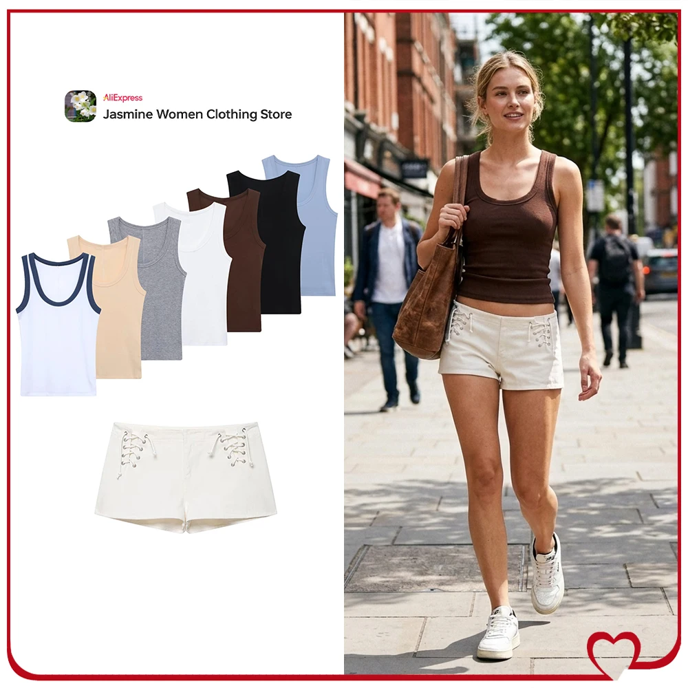 New in Summer Women Casual Short Sets Ribbed Sleeveless Tops Matching Mini Shorts with Criss-cross Lacing and Back Patch Pockets