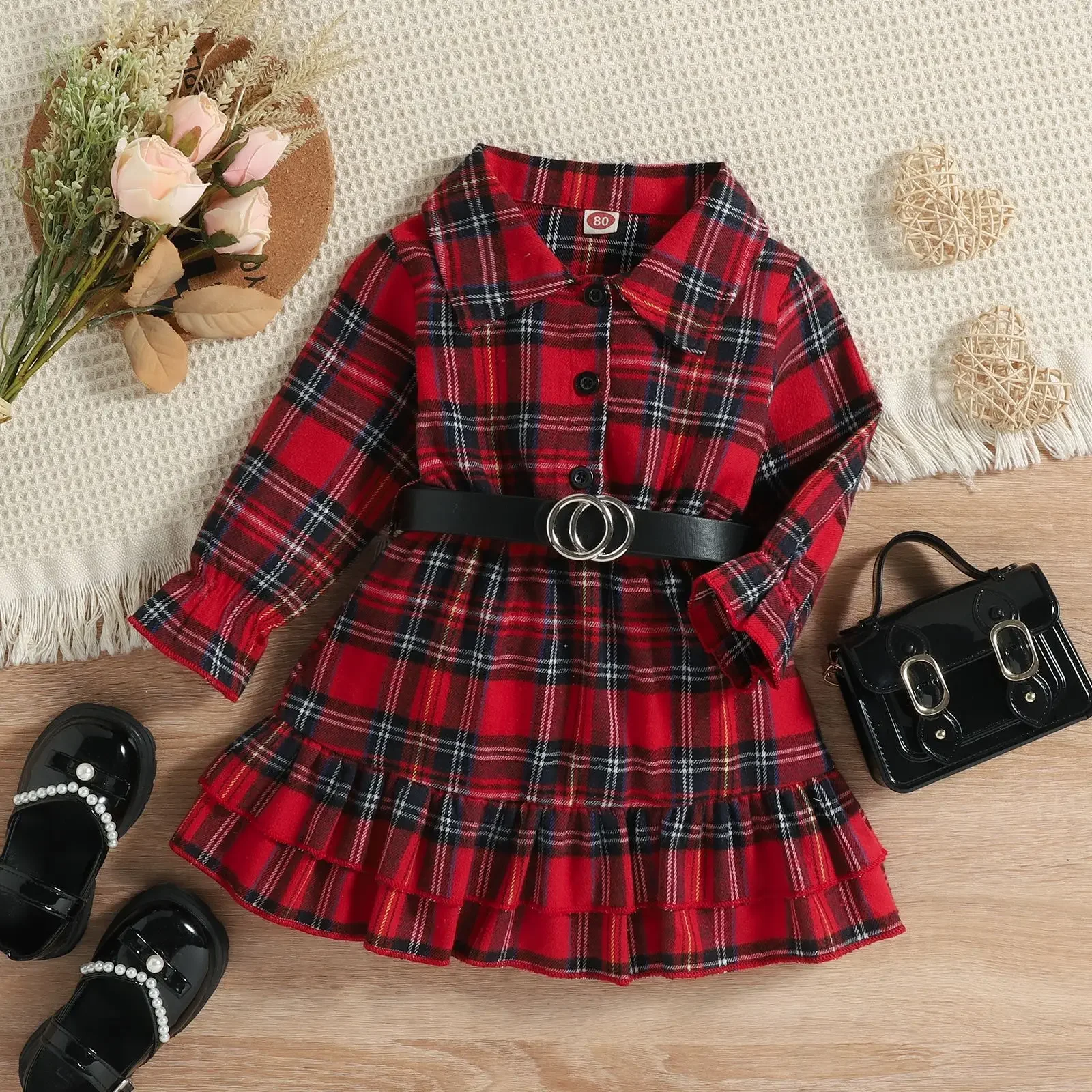 

Kid Girl Dresses Autumn Winter Christmas Princess Brushed English Plaid Long Sleeve Dress+Belt Clothes Baby Girls Dress Outfits