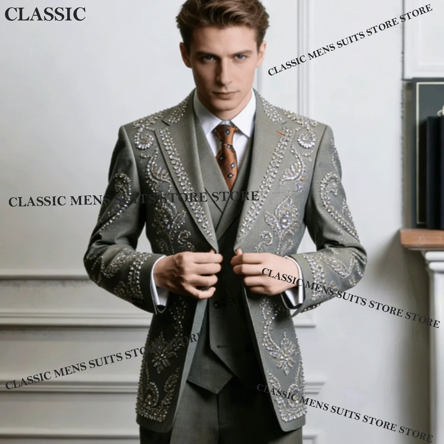 

Customized Elegant Crystal Diamond Men Suits Luxury Embroidery Birthday Tuxedos Slim Ropa hombre 3 Pieces Sets Groom Male Blazer