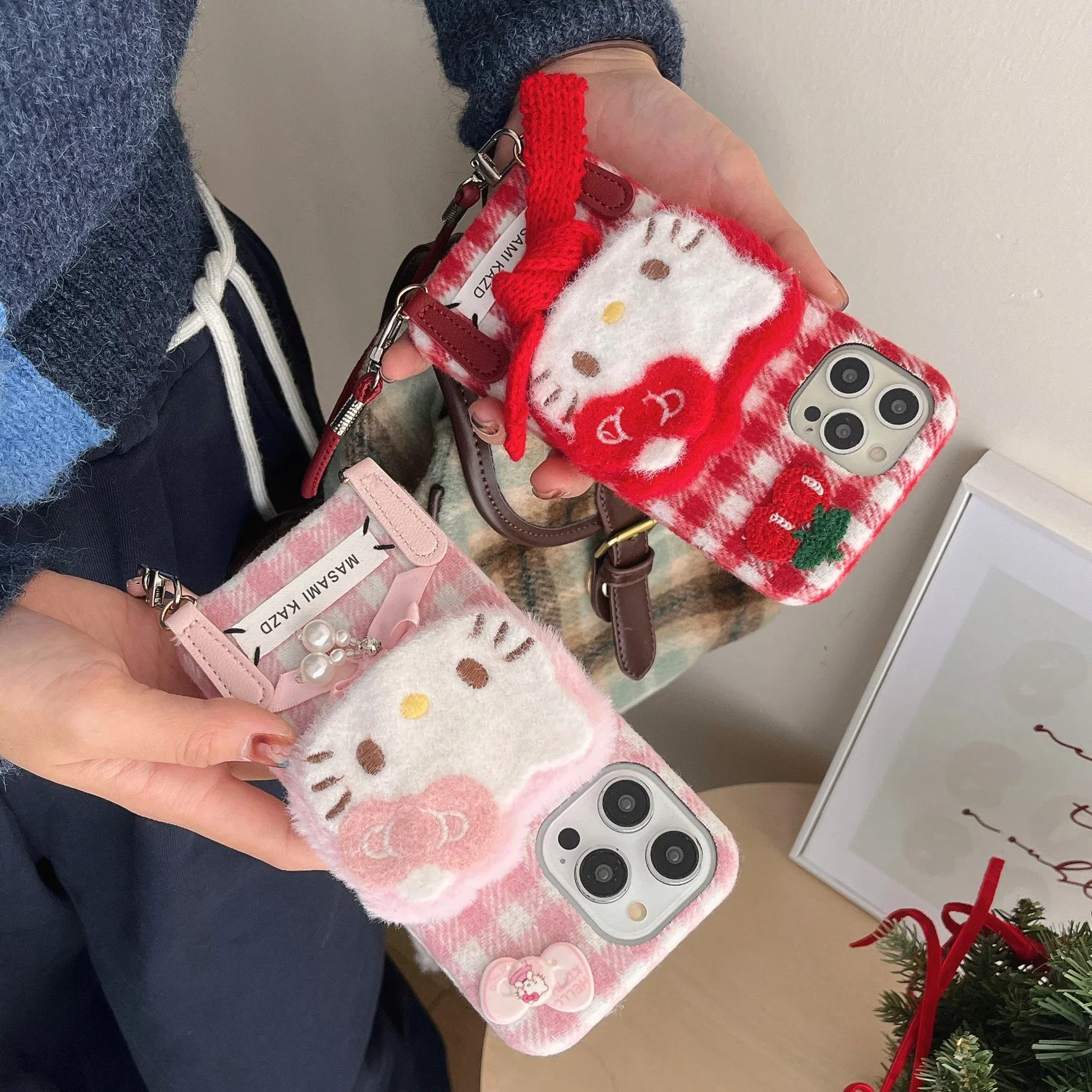 Cute Cartoon Sanrio Hello Kitty Grid Pattern Furry Plush Soft Phone Case For iPhone 16 15 14 13 12 11 Pro Max Winter Warm Cover image 5